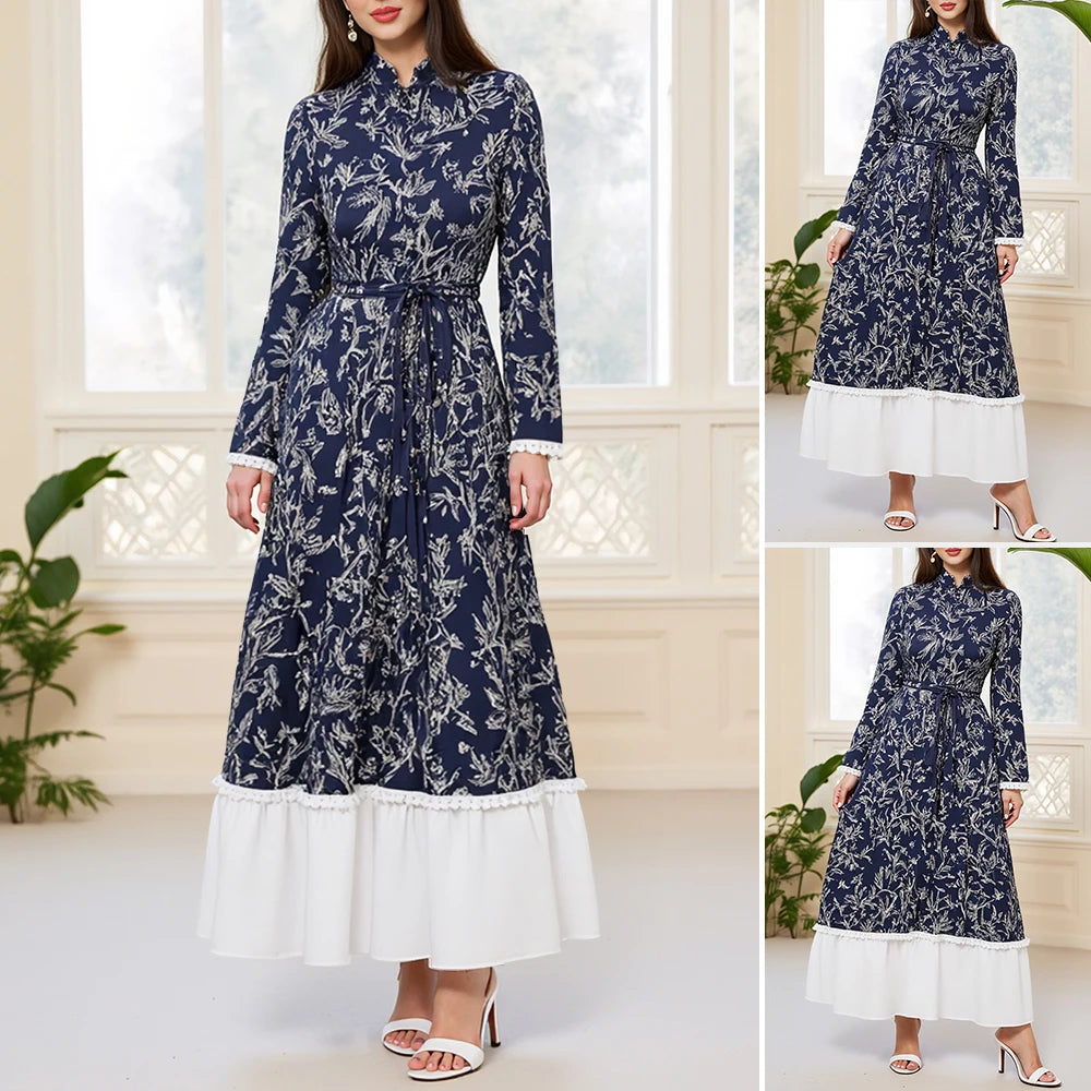 Rafiah Summer Long Dresses 2025 Fashion Casual Patchwork Print Midi Long Sleeve Mandarin Collar Shift Evening Dresses For Women