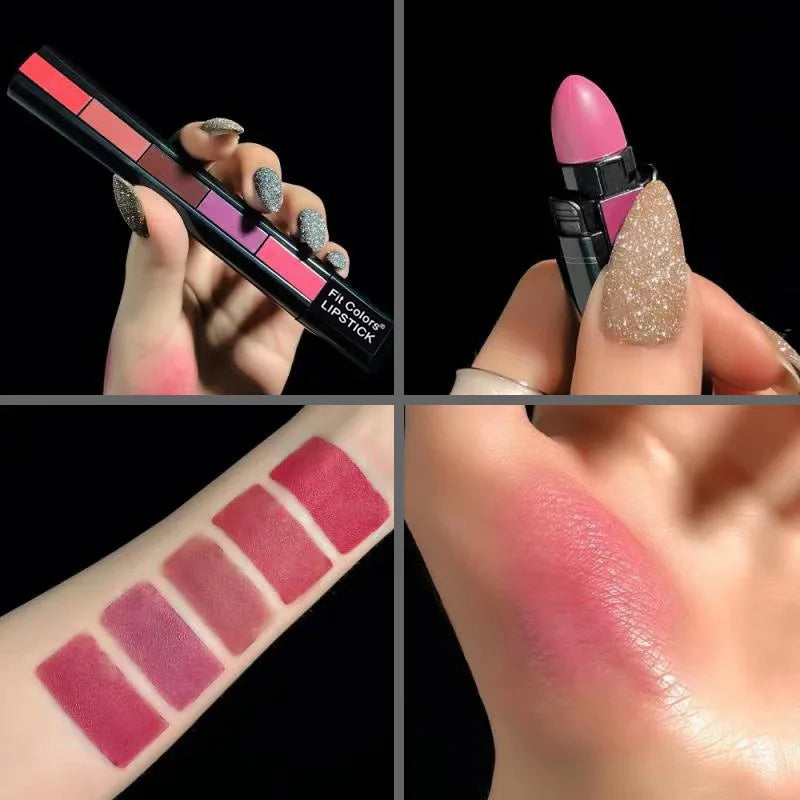 أحمر شفاه Fit Colors Matte بخمسة ألوان، مزيج من خمسة أقسام من Velvet Mist مع لون أحمر شفاه غير لاصق في كوب