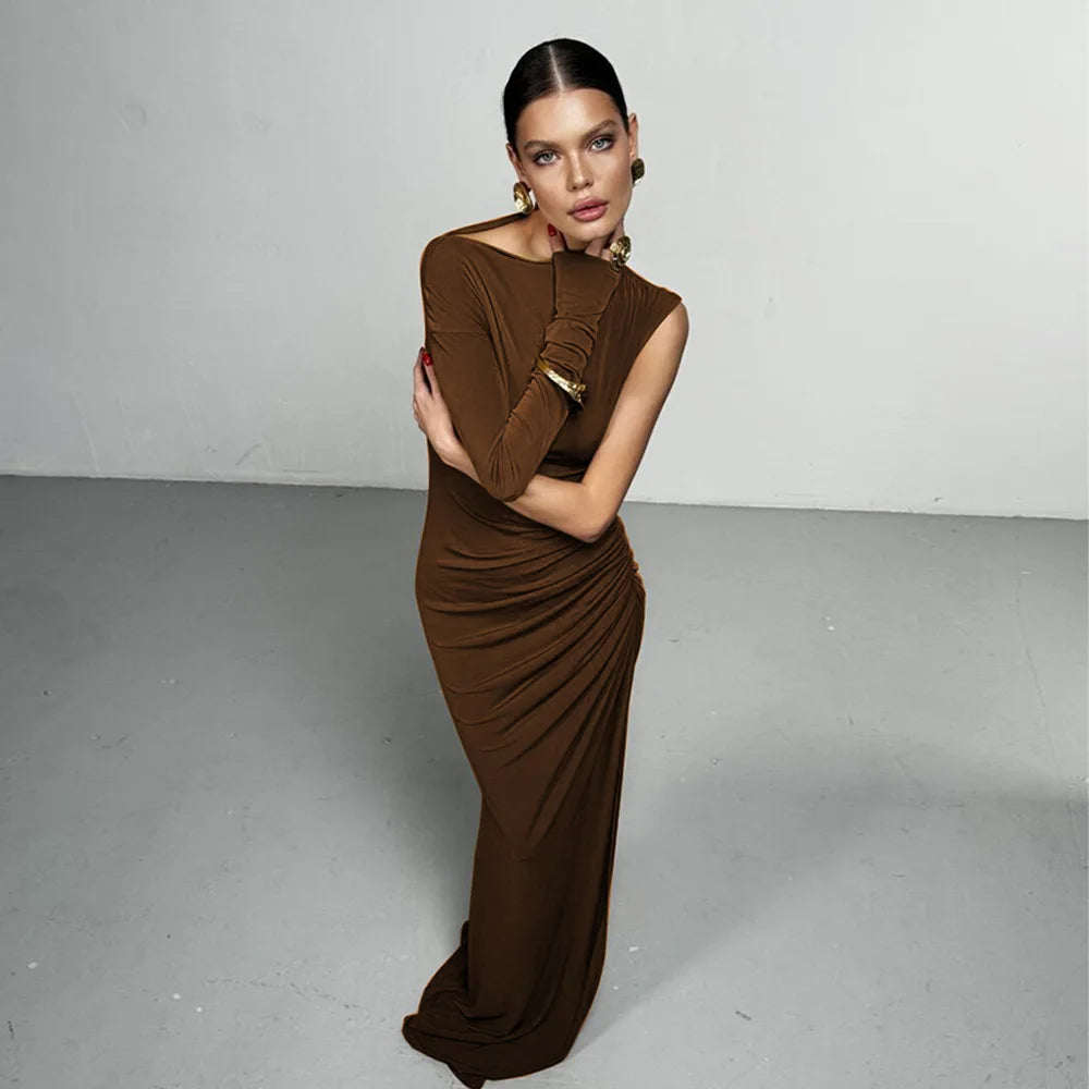 Articat Elegant Single Sleeve High Elasticity Tight Fold Dress Women New 2025 Winter Party Club Evening Dress Bodycon Vestdos