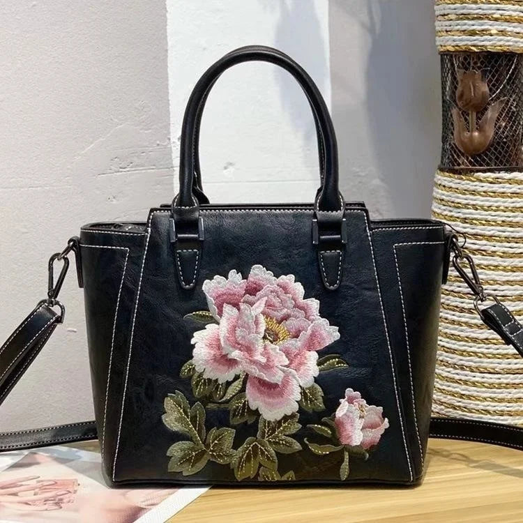 MOTAORA 2025 New Chinese Style Women's Leather Shoulder Bag | Embroidery Flower Handbag