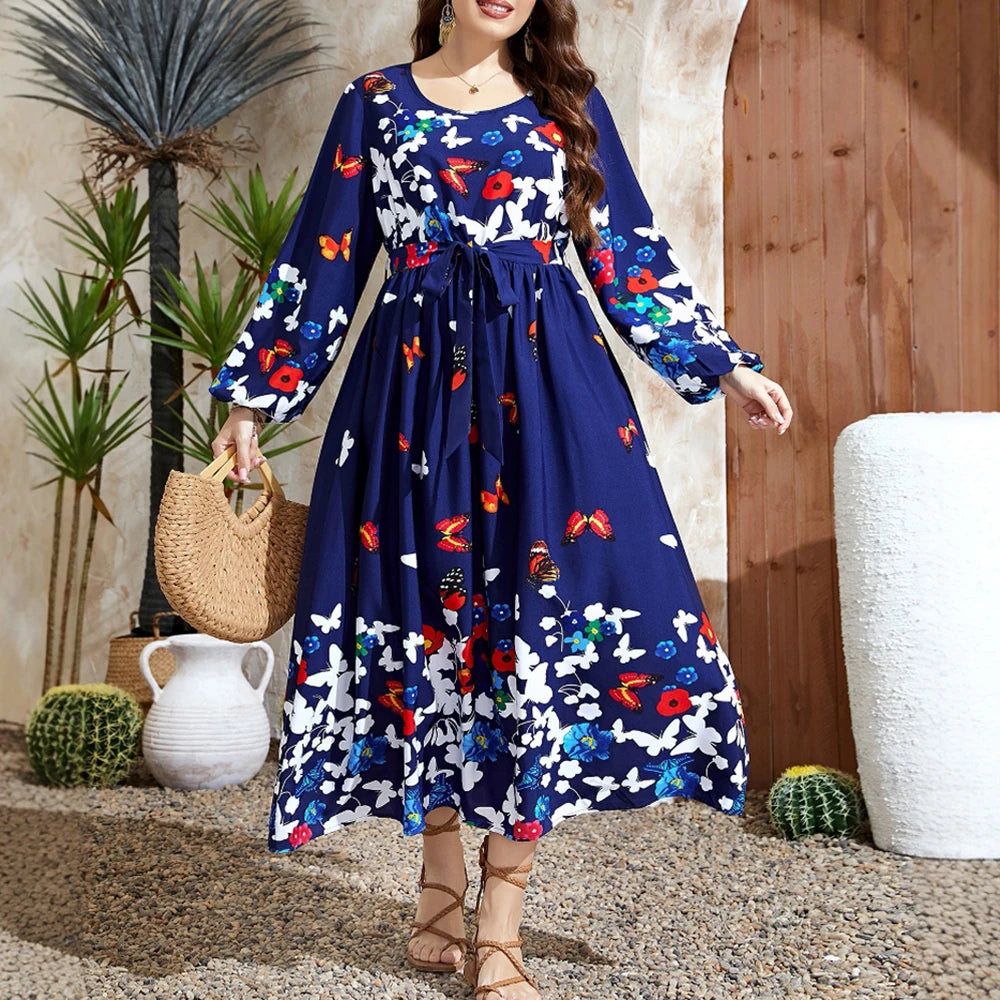 Plus Size Rafiah Women's Summer Long Dress 2025 Elegant Round-Neck Long Sleeve A-Line Maxi Butterfly Print Dating Dress