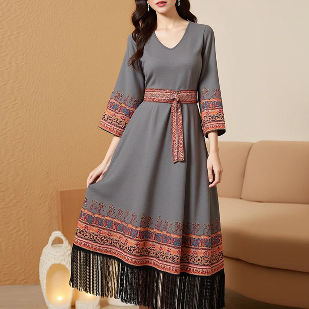 Rafiah Summer Arabian Dress 2025 Chic Cultural Contrast Color Short Sleeve V-Neck Midi A-Line Casual Long Dress For Women