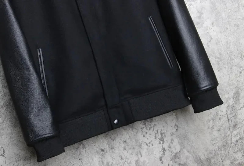 Men 100% Genuine Leather Jacket Woolen Patchwork Loose Stand Collar Jacket Street Zip Black Bomber Outerwear Plus Size 6XL