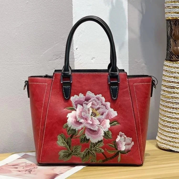 MOTAORA 2025 New Chinese Style Women's Leather Shoulder Bag | Embroidery Flower Handbag