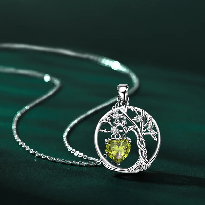 Lnngy 925 Sterling Silver Tree of Life Circle Pendant Necklace Colorful Birthday Stone Necklaces Jewelry for Women Daily Gift