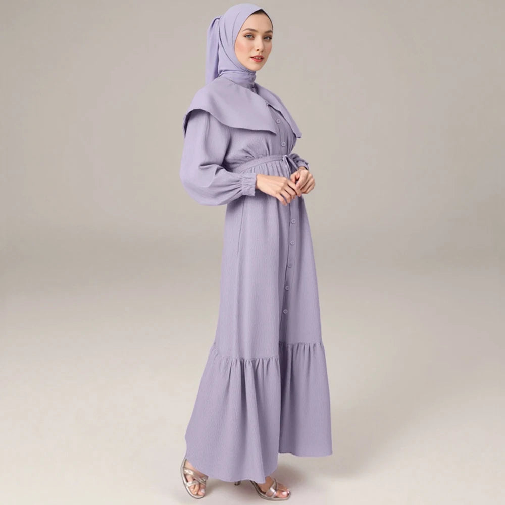 Rafiah Summer Long Dresses 2025 Traditional Solid Color Single Breasted Long Sleeve Crew Neck Midi Casual Dresses For Women