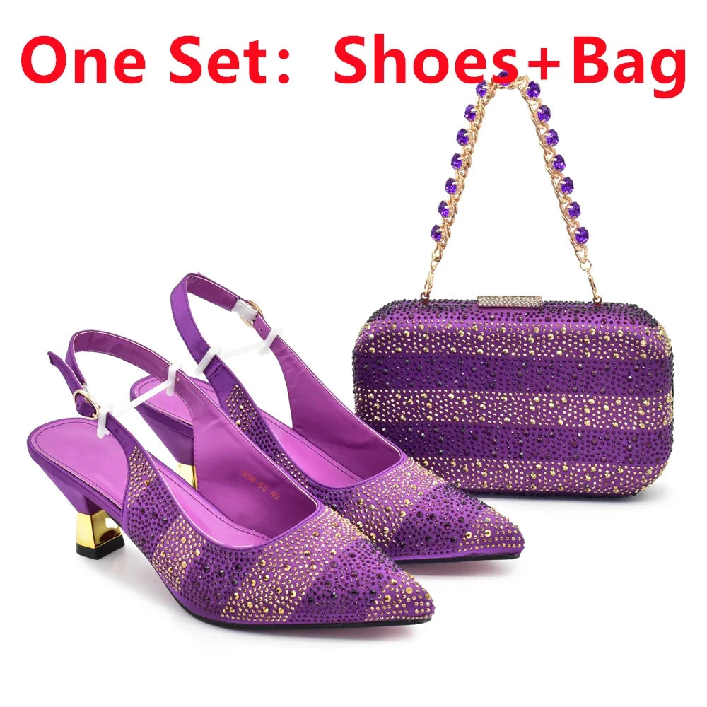 African Shoe and Bags Set for Wedding Women Shoes and Bags To Match Set with Rhinestone Italy Lady Pumps Women Shoes Luxury