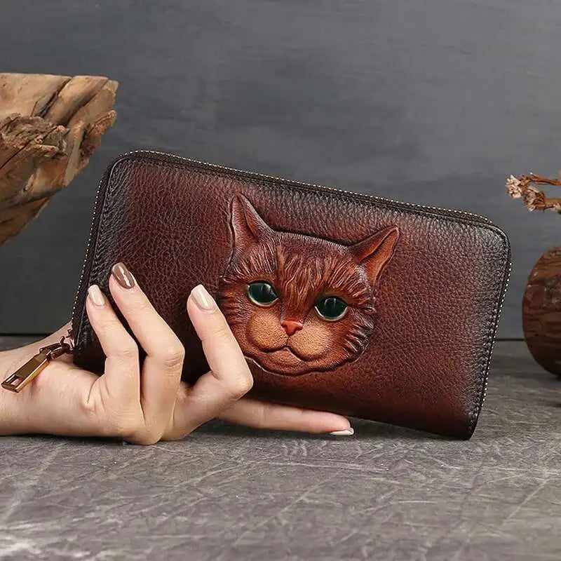 MOTAORA Genuine Cowhide Leather Women's Long Wallet with Retro Cat Print, Multi Card Slots, ID/Credit Card Holder Cash Organizer