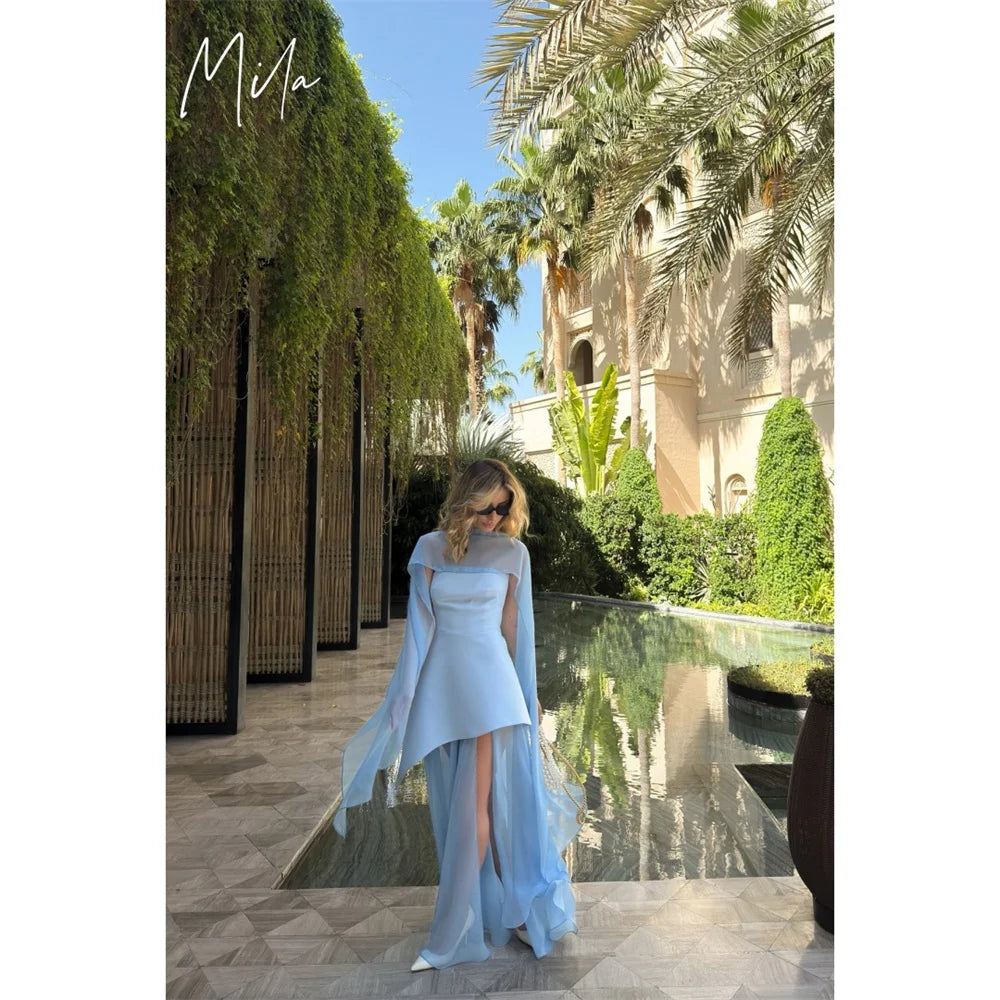 Mila Blue Strapless Customized Party Dresses A-Line Mini Sleeveless Prom Dresses Elegant Zip Detachable Shawl Evening Dresses