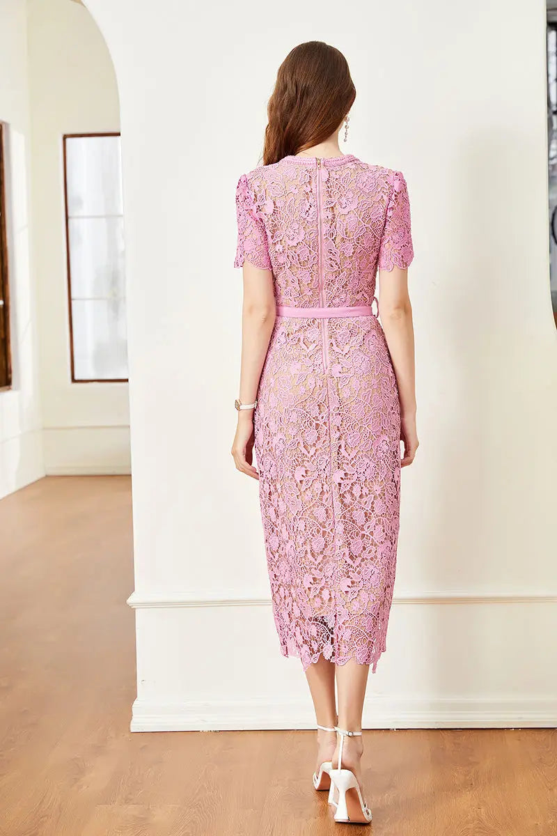 Sheath Bodycon Flower Embroidery Lace Prom Dress – Women's Summer/Fall Short Sleeve Midi Evening Dress