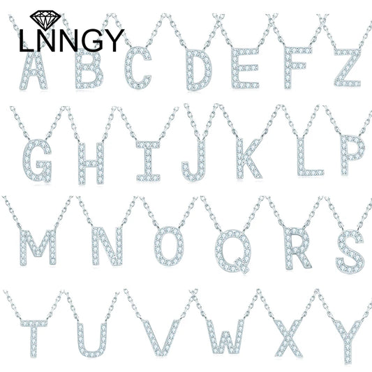 Lnngy Colar Prata 925 Sterling Silver A-Z Alphabet Pendant Necklaces Initial Letter 1.4MM Moissanite Necklace for Birthday Gift
