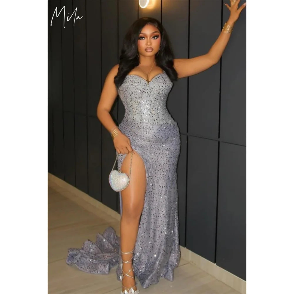 Mila Blue Strapless Wedding Party Dress Customized Side High Split Sleeveless Evening Dresses Mermaid Beaded vestidos de fiesta