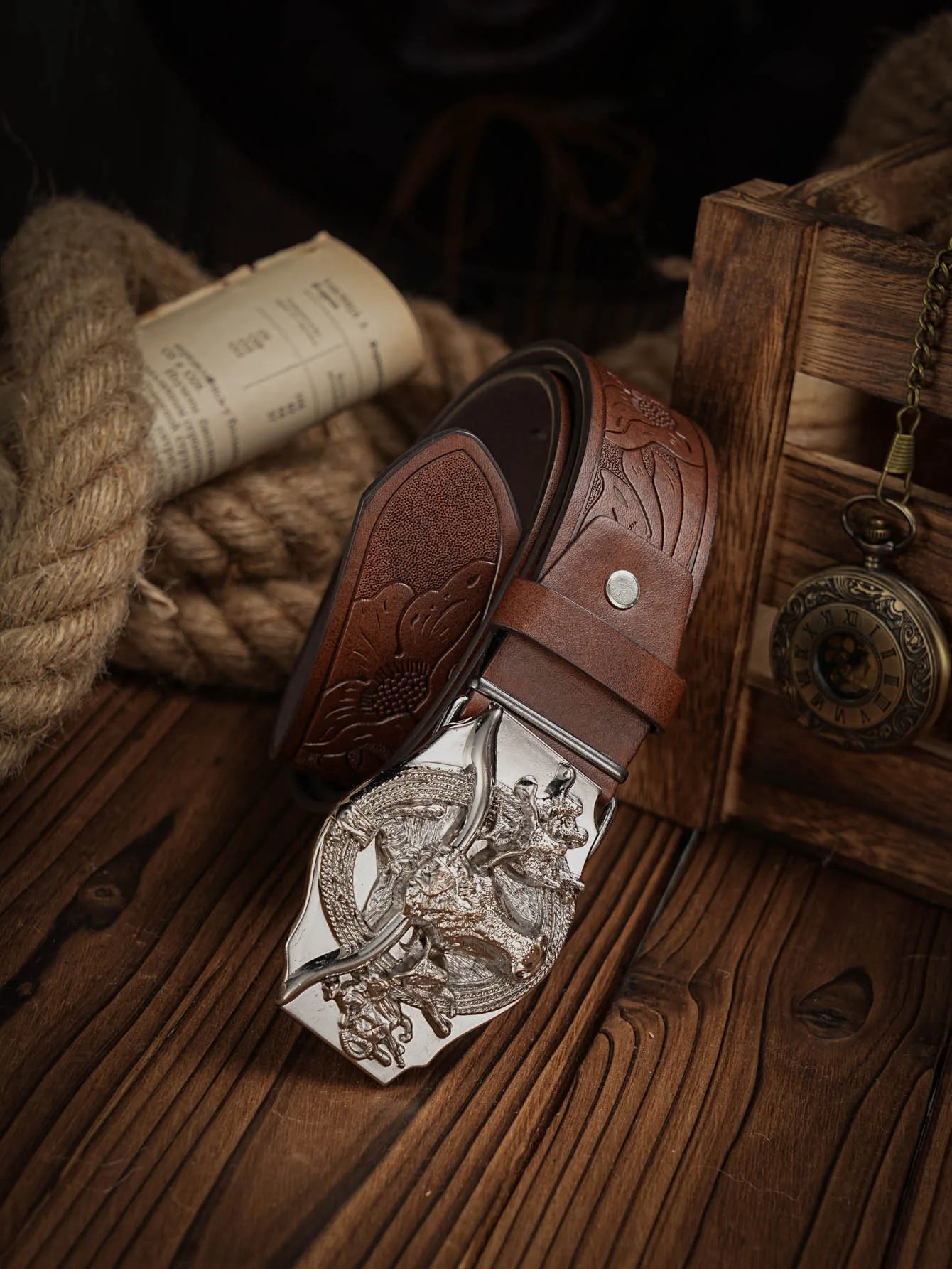 Western Cowboy PU Leather Belt - Men Waist Strap Bull Decoration Floral Engraved for Jeans