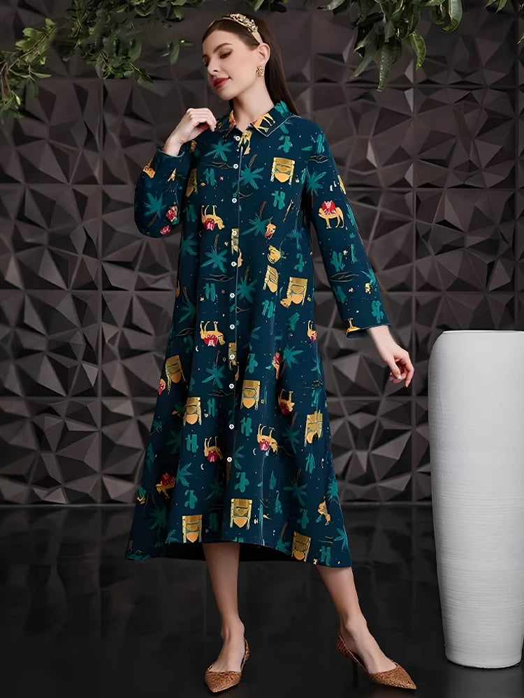 Rafiah Women's Dresses Summer Comfortable Elegant 2025 Cartoon Long Sleeve Shirt Collar A-Line Midi Vacation Long Dresses
