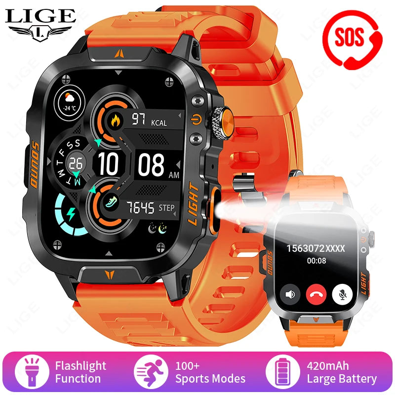 LIGE Military Smart Watch Men 1.96" Screen 3ATM Waterproof Bracelet Bluetooth Call AI Voice Sport Smartwatch With LED Flashlight