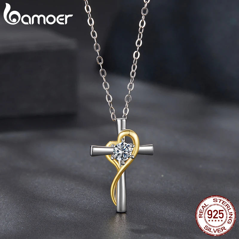 BAMOER Moissanite Cross Necklace Two-tones Gold Plated Pendant Necklace for Women 925 Sterling Silver Faith Jewelry