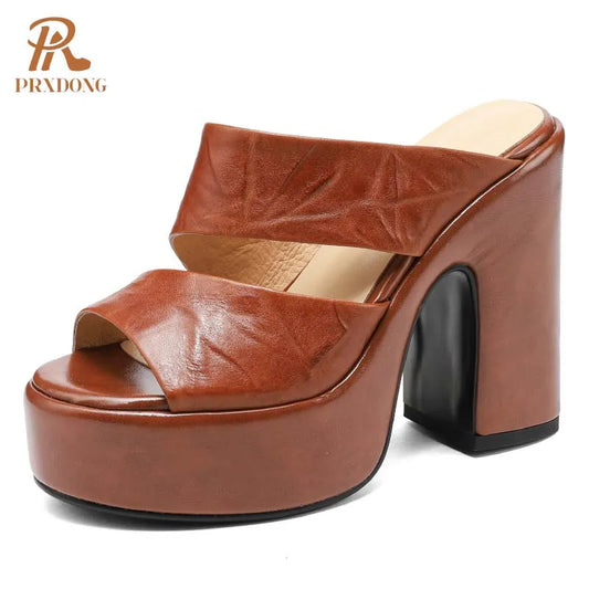 Women's Genuine Leather Chunky High Heels Open Toe Sandals Black Brown Size 39