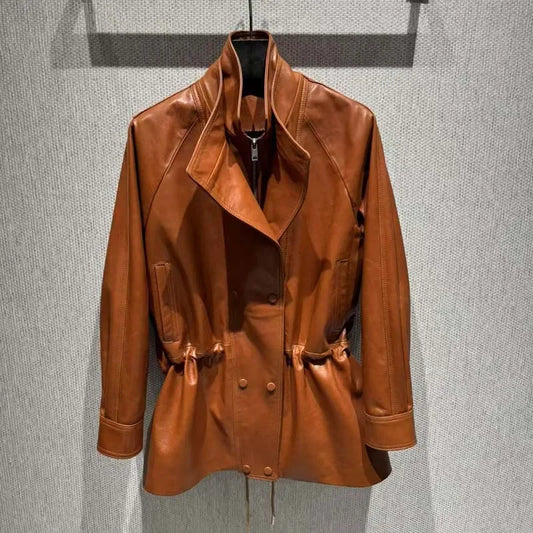Real Sheepskin Coat Spring And Autumn Women Regular Length Pleating Design High Quality Outerwear Female Genuine Leather Jacket