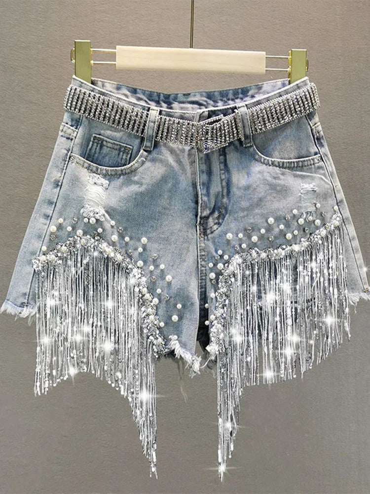 Elegant Tassel Beaded High Waist Denim Shorts – Wide-Leg Summer Jeans