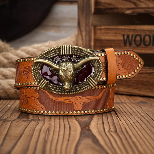 Men & Women-Western-Cowboy-PU Leather-Belts - Vintage horse Belt Floral Engraved Buckle Belt for Jeans