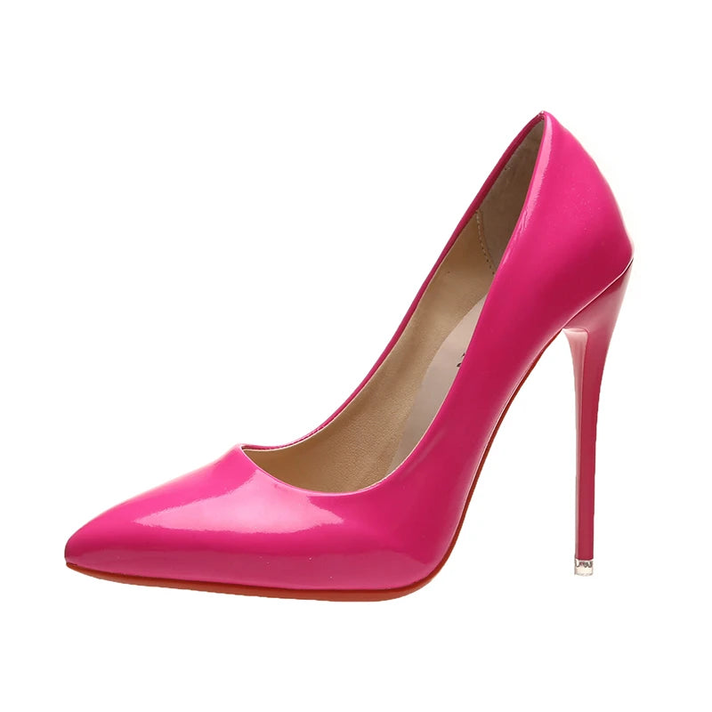 Temperament 12cm Super High Thin Heels Shoes Women Pumps Pointed Toe Colorful Patent Leather Stiletto Wedding Shoe Size 45