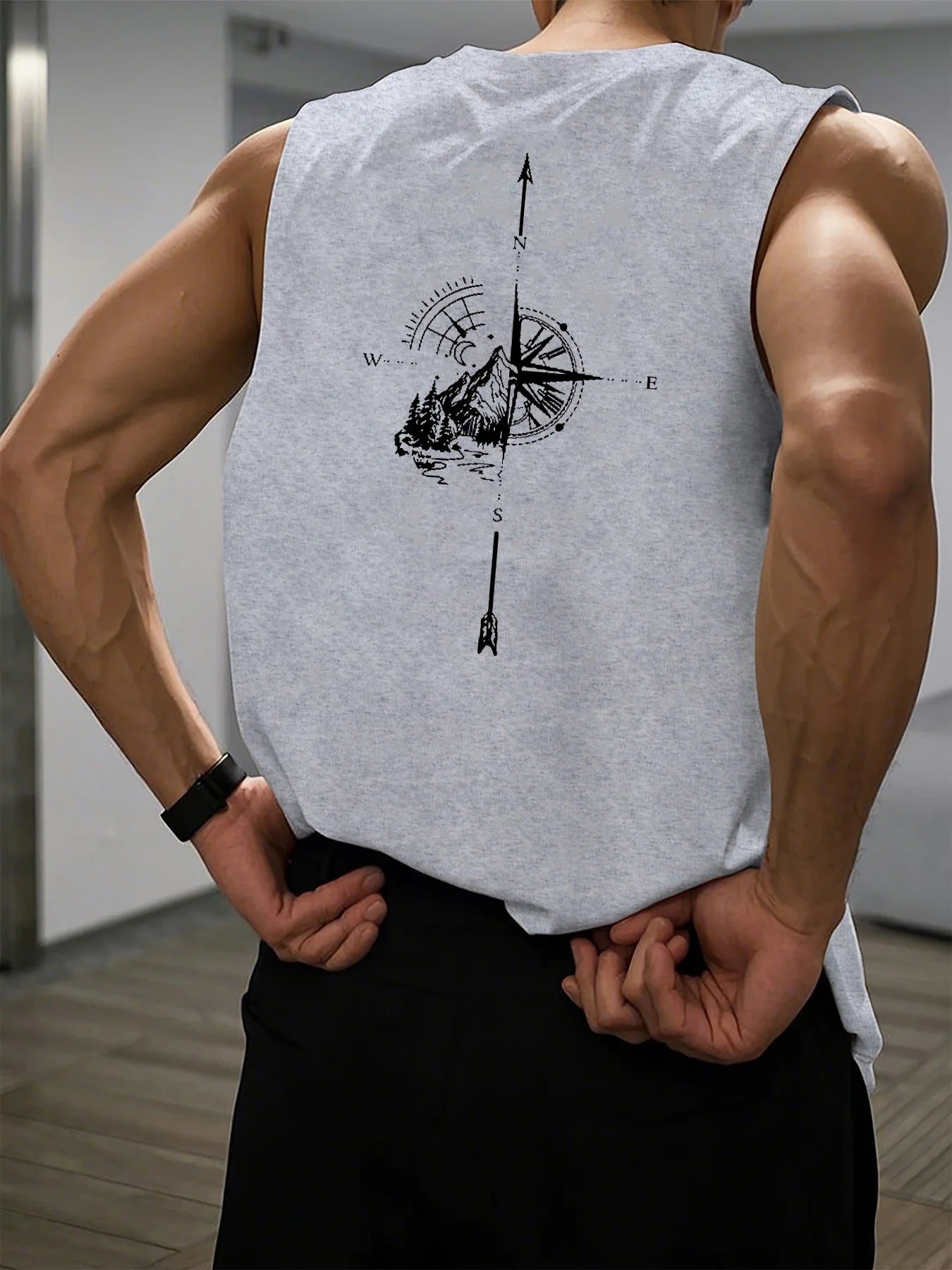 🧭 Men’s Summer Sleeveless Vest,
Mountain & Compass Print | N.S.E.W Arrows | Loose Fit | Comfortable & Breathable | Travel & Fitness