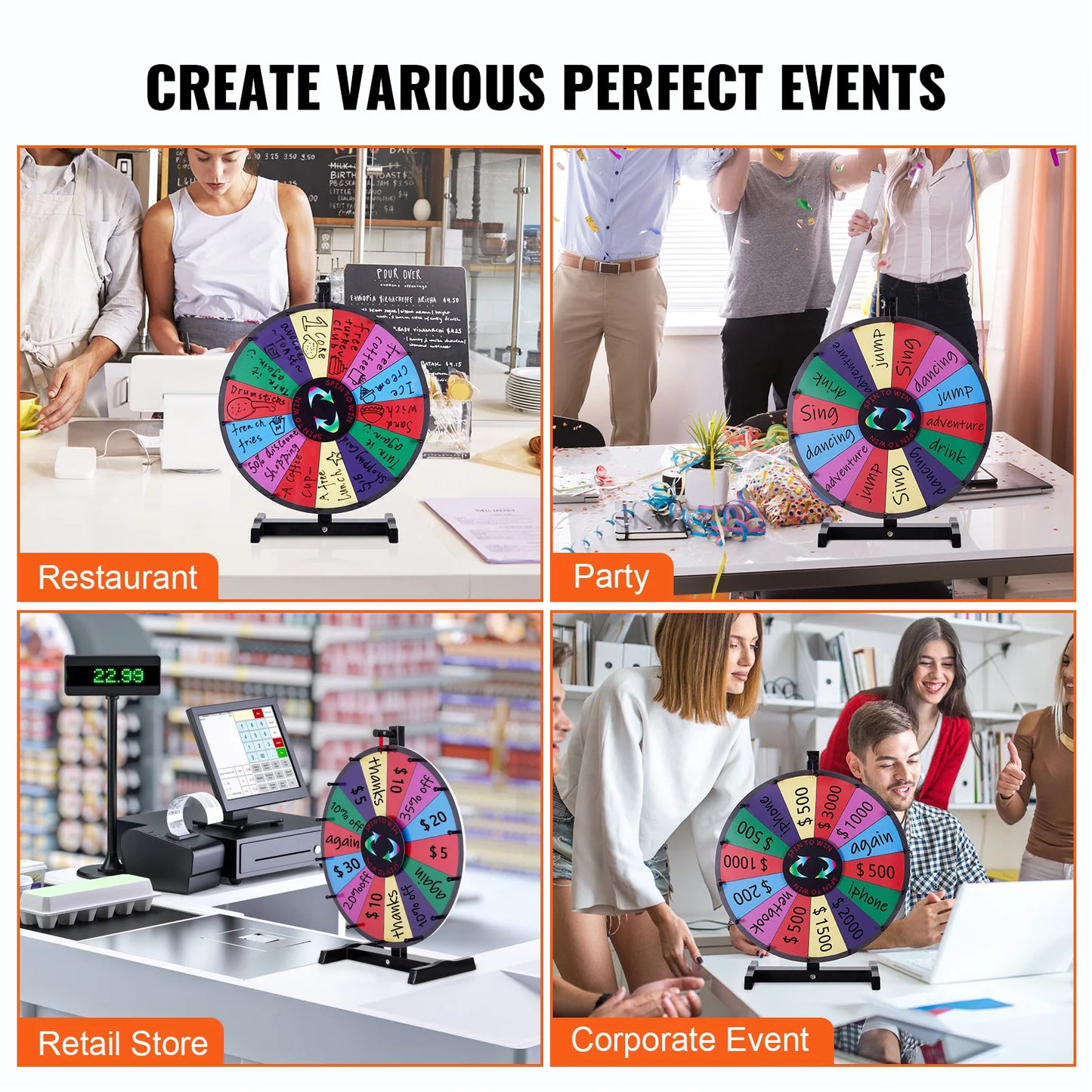 SucceBuy 18/24/36 inch Spinning Prize Wheel 14 Slots Spinning Wheel Tabletop  Floor Standing Win Fortune Spin Games in Party Pub