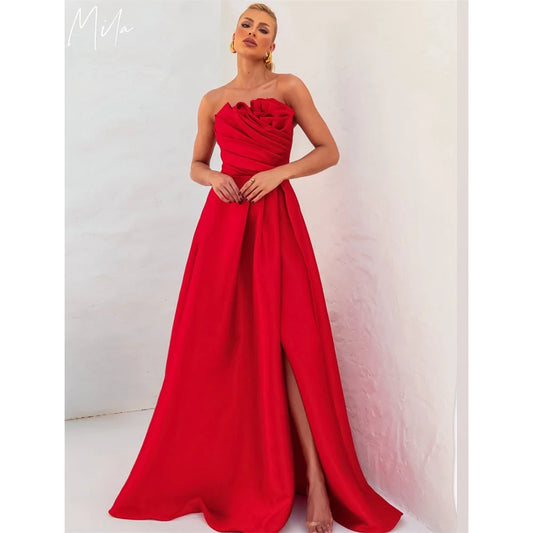 Mila Strapless A-Line Prom Dresses 2025 Side High Split Evening Dresses Elegant Floor-Length Satin Customized Party Dresses
