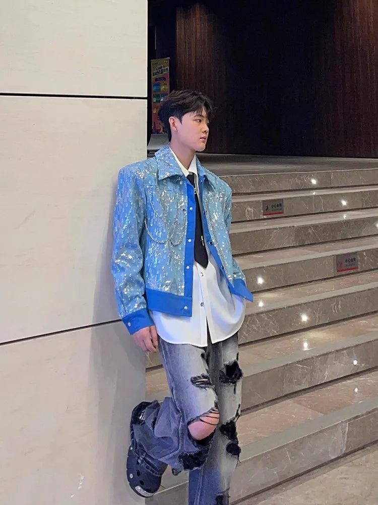Mens Blue Denim Jacket Fashion Sequined Chain Turn-Down Collar Spring Autumn Short Coat Single Breasted Casual Outerwear Male
