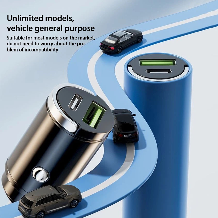 شاحن سيارة صغير مخفي مزود بحلقة سحب USB+TYPE C شاحن سريع مناسب لمجموعة متنوعة من أجهزة الهواتف المحمولة