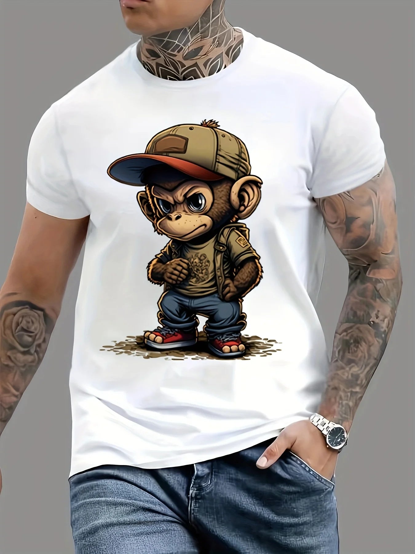 Men's summer 100% pure cotton fashionable sports casual loose cartoon monkey ready to travel 🧳 pattern printed round neck short sleeved T-shirt