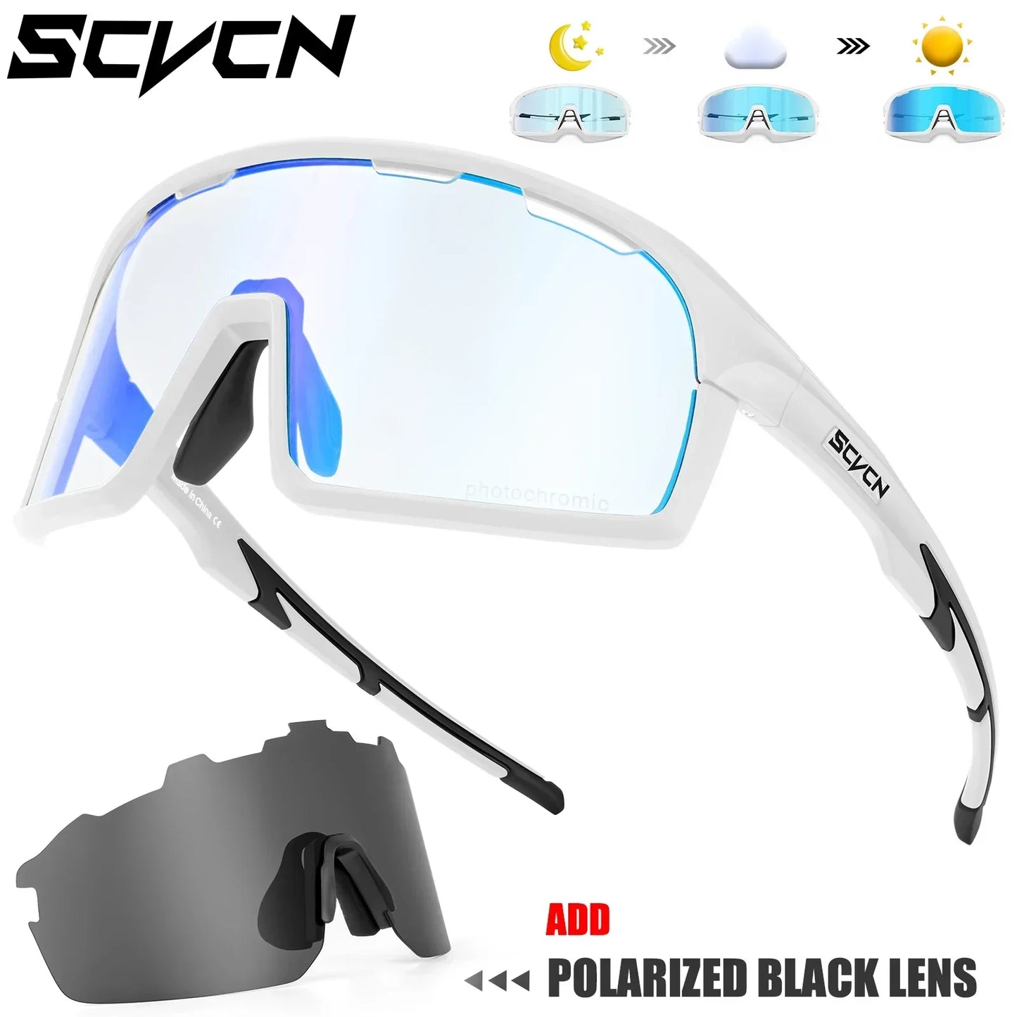 SCVCN Photochromic Cycling Sunglasses for Man Blue Outdoor Sports Bike Glasses MTB Fishing Glasses Bicycle Goggles UV400 2lens