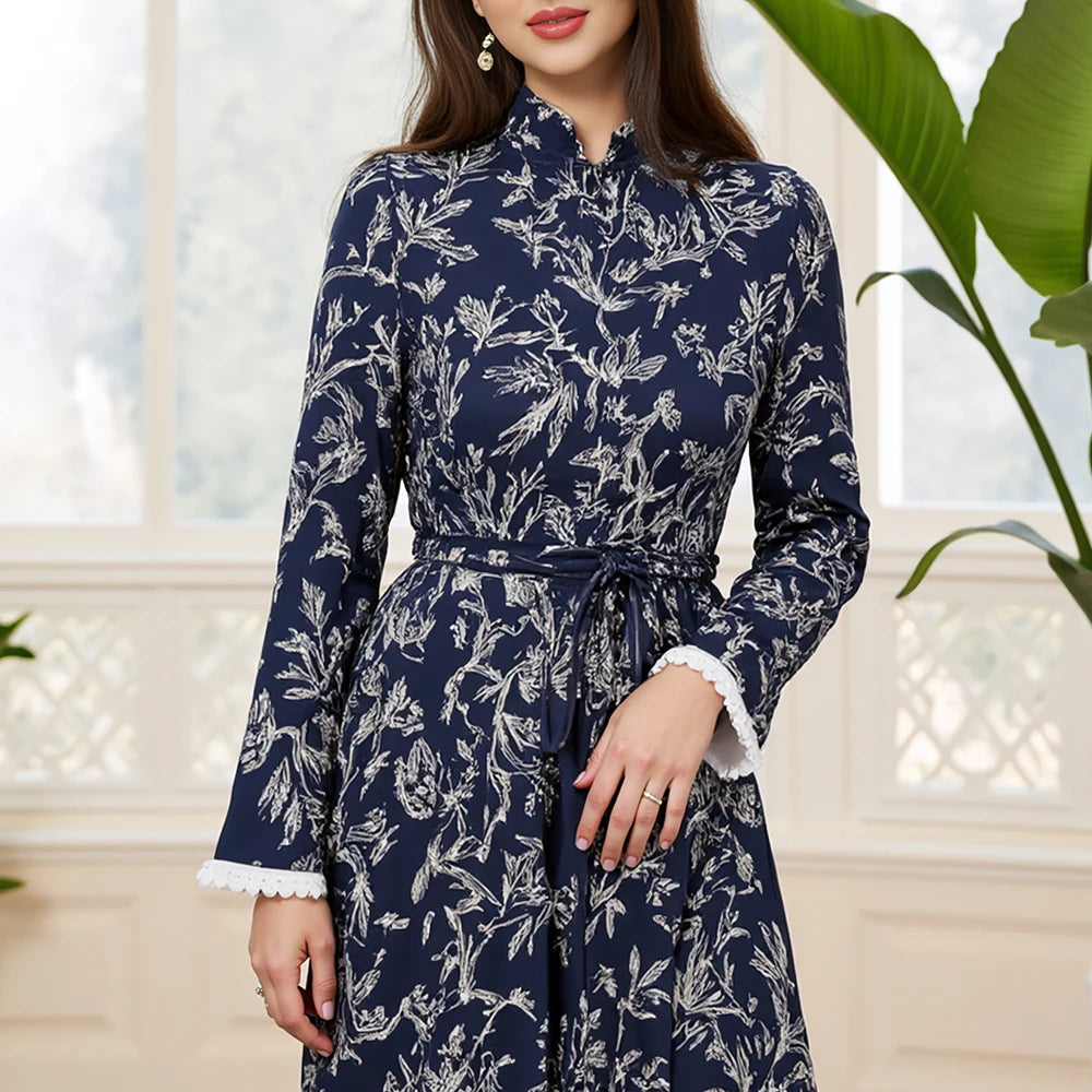 Rafiah Summer Long Dresses 2025 Fashion Casual Patchwork Print Midi Long Sleeve Mandarin Collar Shift Evening Dresses For Women