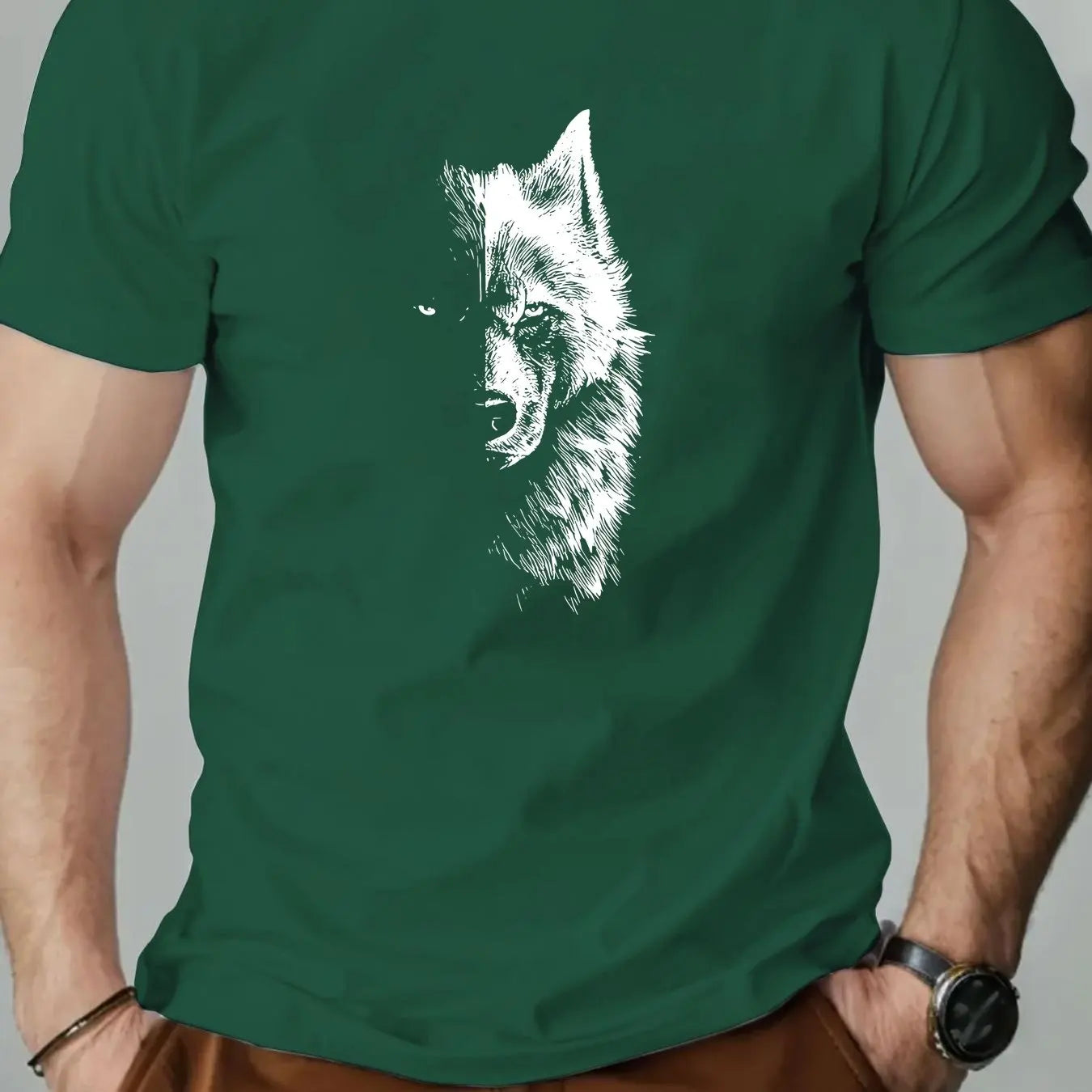 🐺 Men’s Summer 100% Cotton Casual T-Shirt,Half Wolf Pattern Print | Loose Fit | Round Neck | Breathable Comfort