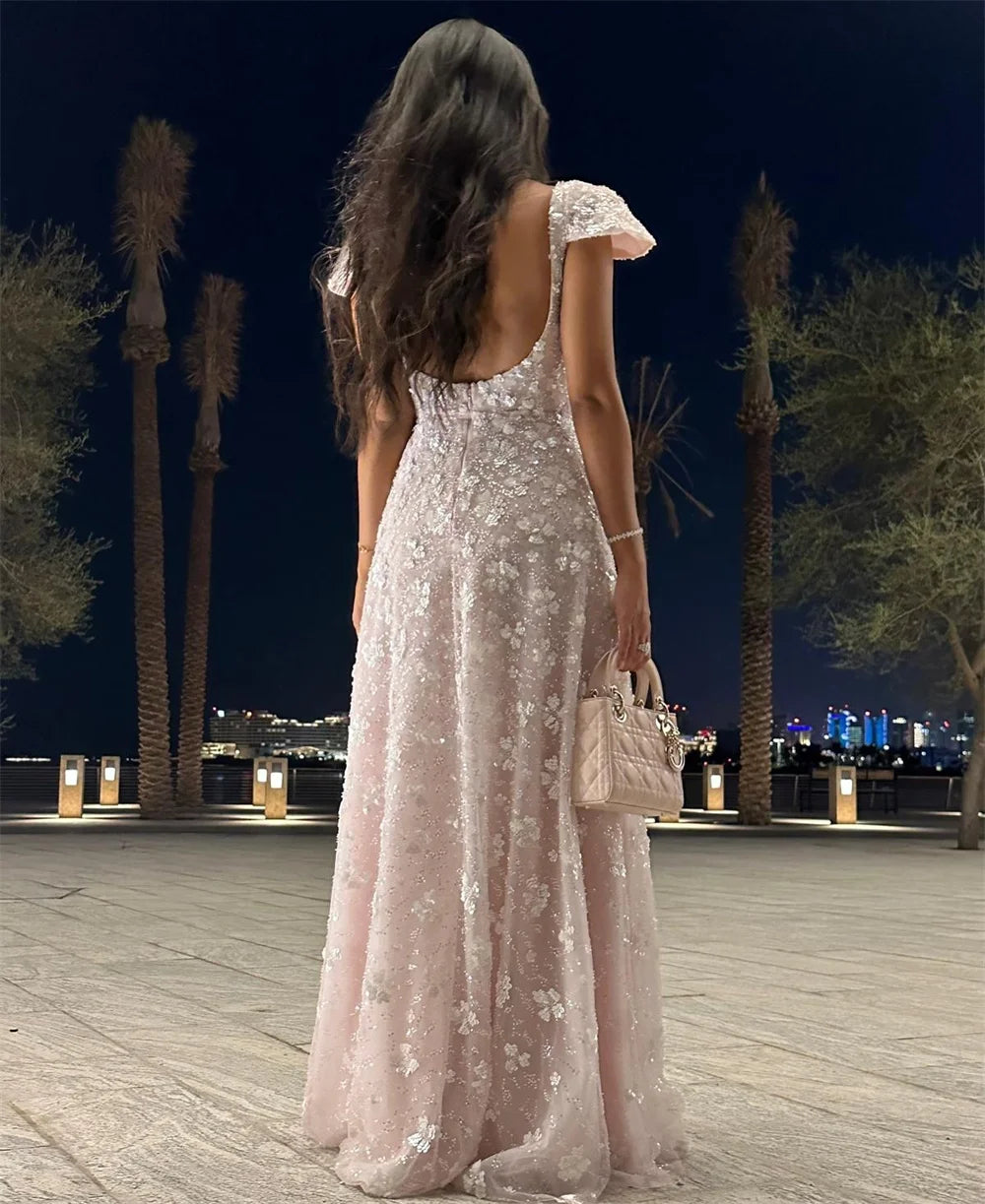 PRE ORDER Custom Made dress 20 days delivery!!! By Mila. Pink Square Collar Prom Dress Short Sleeve Backless Customized Luxurious