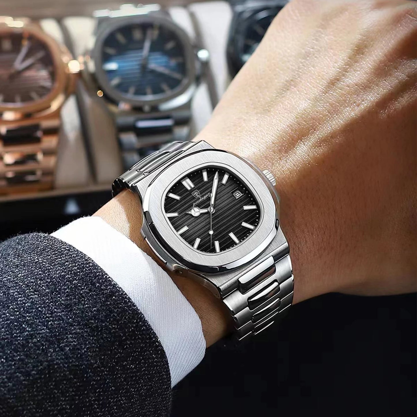 POEDAGAR Square Luxury Men Wristwatch Waterproof Luminous Date Stainless Steel Male Clock Business Sports Quartz Watches For Men