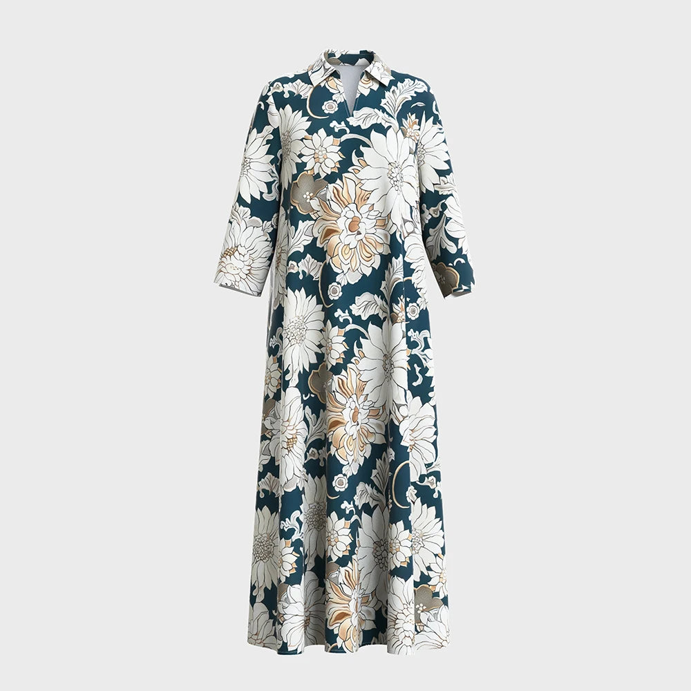 Rafiah Women's Dresses Summer Elegant 2025 Floral Glamorous Long Sleeve Shirt Collar A-Line Midi Vacation Long Dresses