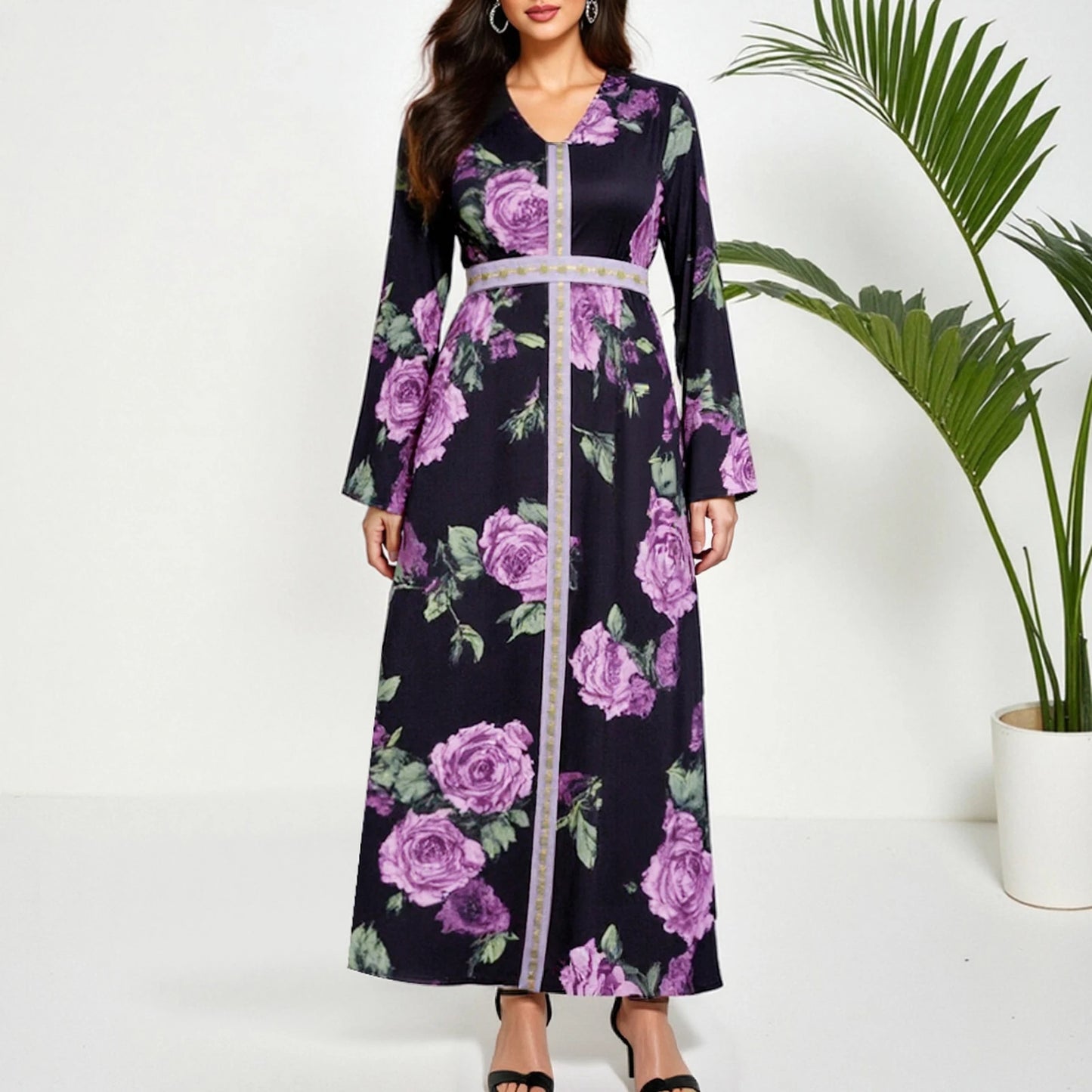 Rafiah Women's Dresses Summer Elegant Decent 2025 Ditsy Floral Long Sleeve V-Neck Midi A Line Casual Dresses