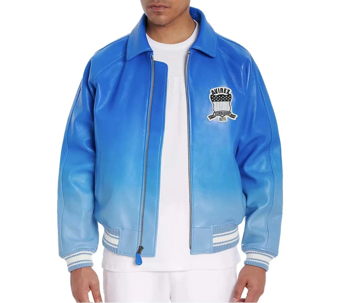 AVIREX New French Lambskin Baseball Suit Men's Gradient Fashion Casual US Size Original Lapel Loose Genuine Leather Jacket coat
