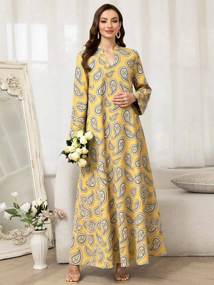 Rafiah Women's Arabian Dress Even Dress 2025 Summer Fashion Traditional Full Print Long Sleeve V-Neck Loose Fit Long Dress