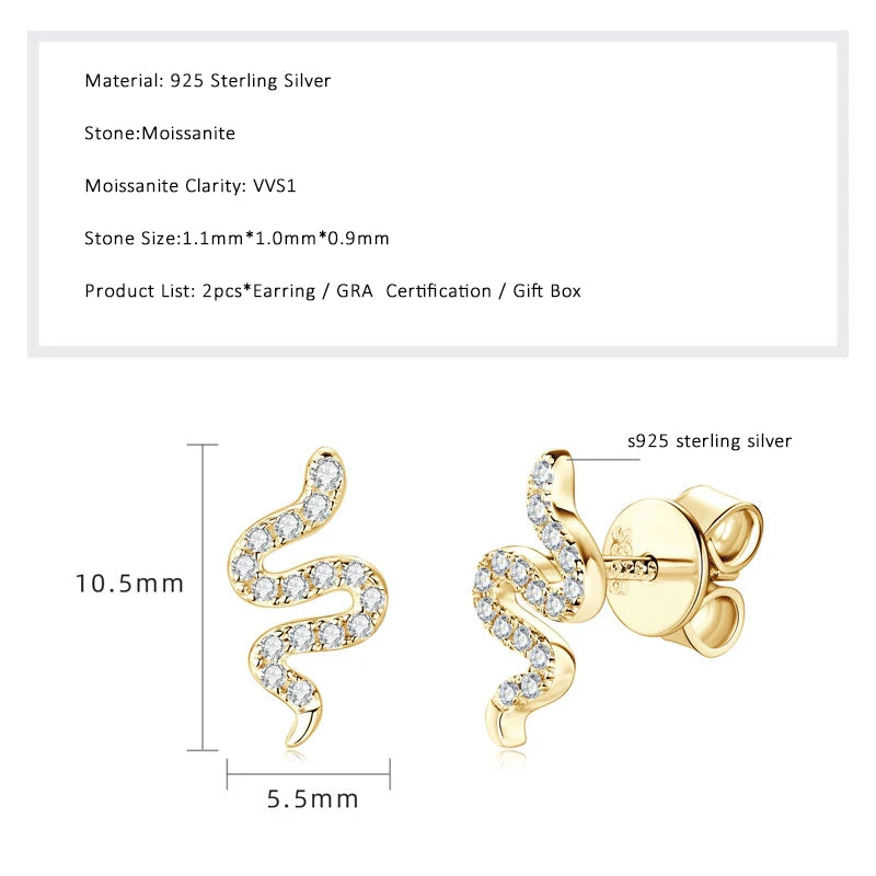 Lnngy Certified 925 Sterling Silver Snake Shape Stud Earrings 1.1MM*1.0MM*0.9MM Moissanite Earring for Women Daily Jewelry Gift