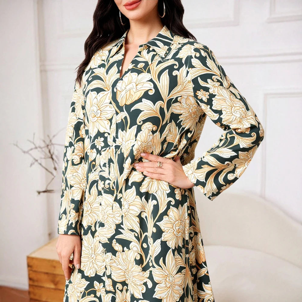 Rafiah Women's Dresses Summer Elegant 2025 Floral Modest Fashion Long Sleeve Shirt Collar A-Line Midi Vacation Long Dresses