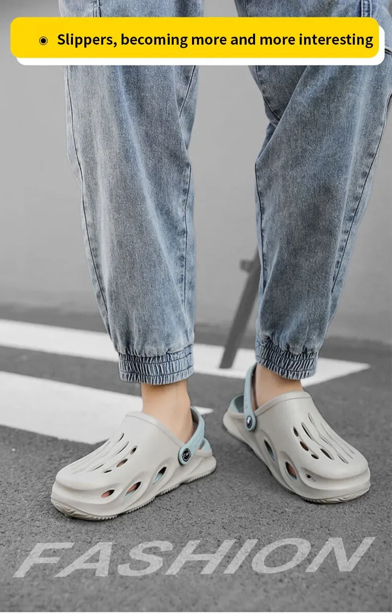 Summer Men's Fashion Beach Sandals Clogs Thick Sole Slipper Waterproof Anti-Slip Sandals Flip Flops Non-slip Soft EVA Hole Shoes