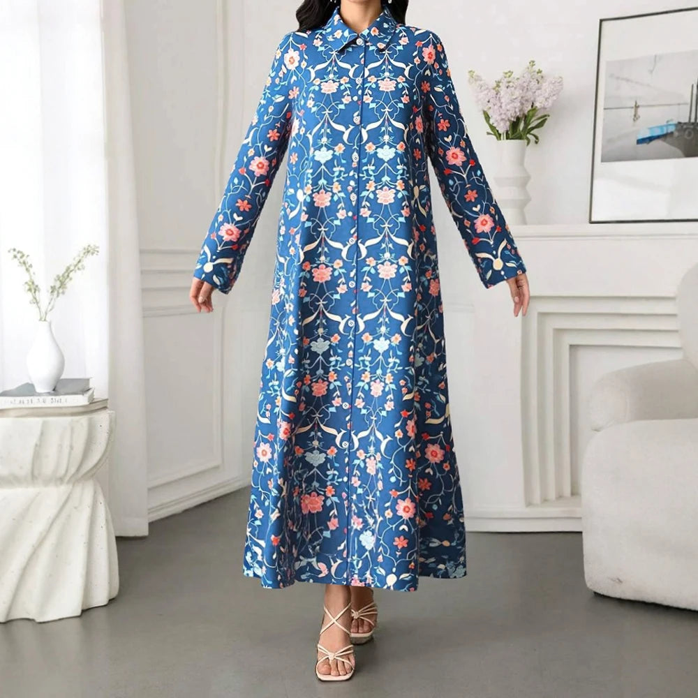 Rafiah Women's Arabian Dress Summer Daily Fashion Floral Single Breasted Long Sleeve Shirt Collar A-Line Long Casual Dress