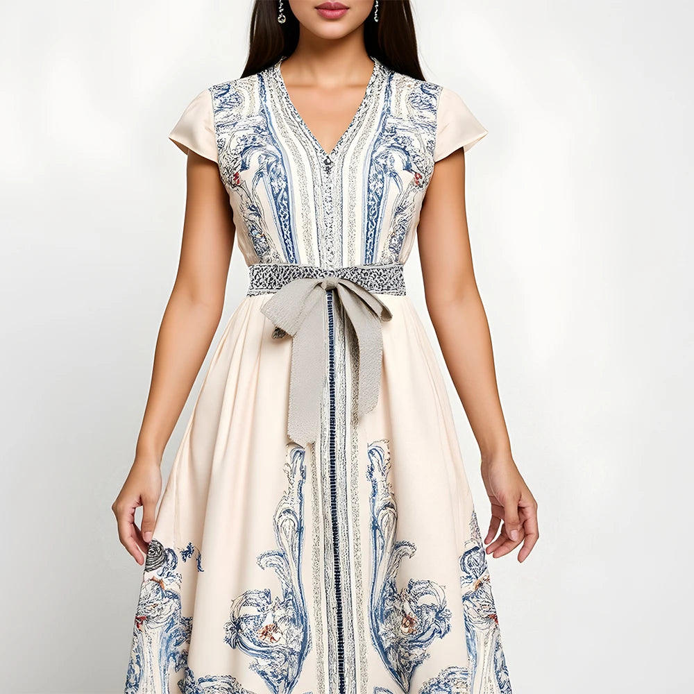 Rafiah Women's Summer Dress Modest Elegant Lace-Up Graphic Printing Cap Sleeve Sweetheart Neck Mixi Dating Arabian Dress