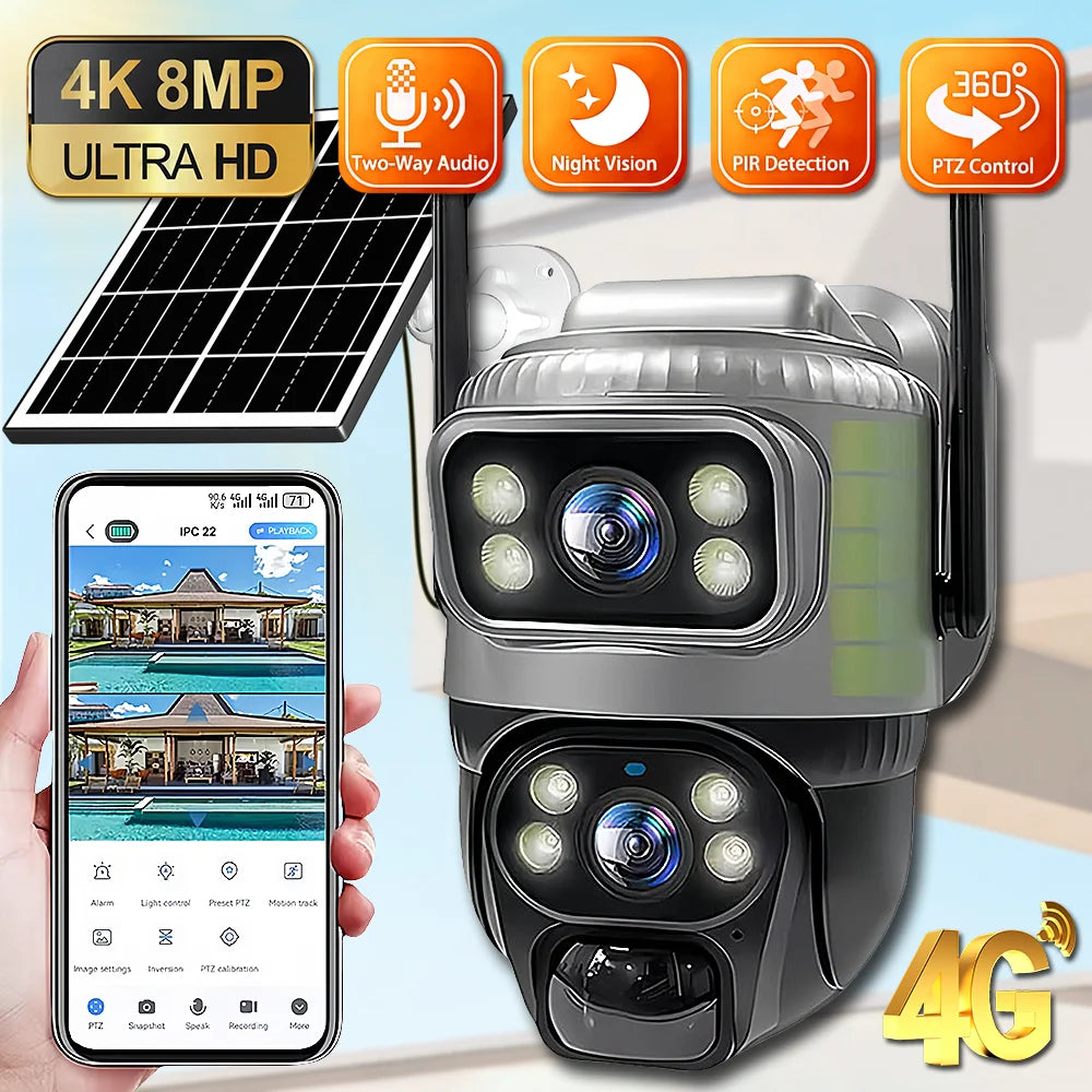4G Solar Camera Outdoor Dual Lens PTZ Low Powered CCTV Video V380 Cameras PIR Motion Detect Security Protection Surveillance Cam