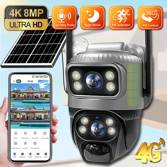 4G Solar Camera Outdoor Dual Lens PTZ Low Powered CCTV Video V380 Cameras PIR Motion Detect Security Protection Surveillance Cam