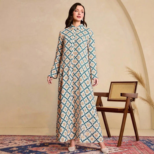 Rafiah Women's Long Dresses Summer Elegant 2025 Full Print Edgy Long Sleeve Shirt Collar A-Line Midi Vacation Dresses