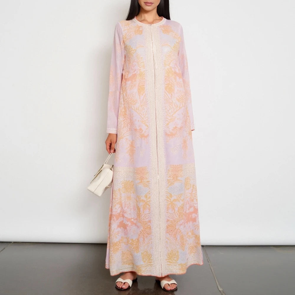 Rafiah Women's Dresses Summer Comfortable Elegant 2025 Floral Zipper Long Sleeve Round Neck A-Line Midi VacationLong Dress