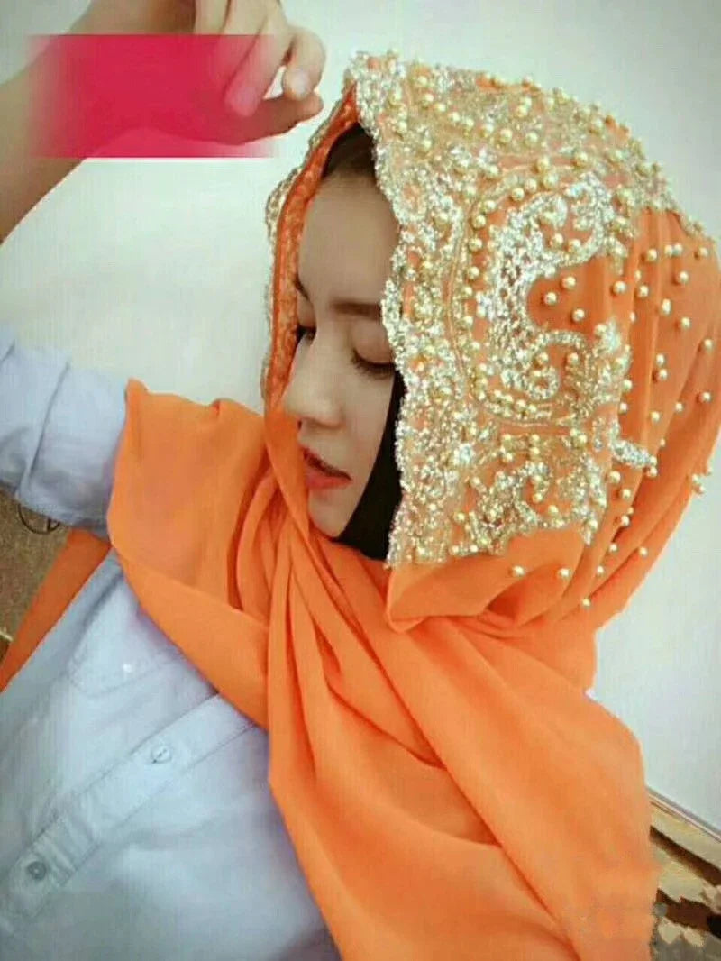 Dubai Women Bling Beaded Headscarf Long Scarf Cap Lace Scarves Muslim Wedding Wrap Shawls Hijab Islamic Turban